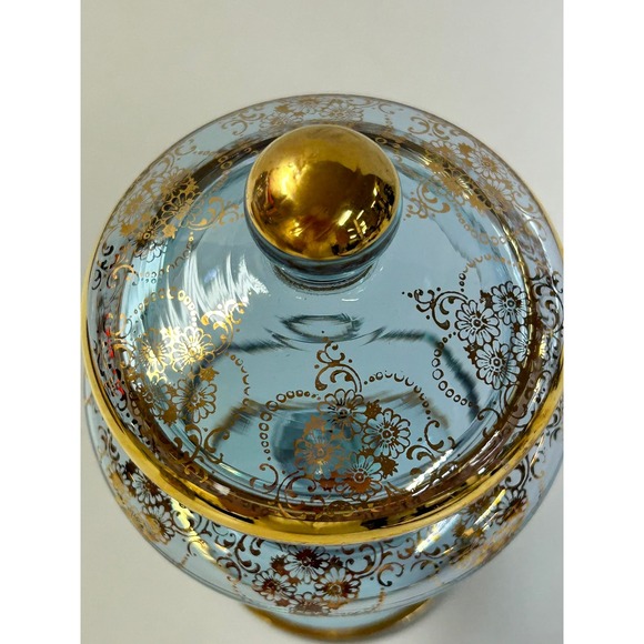 Vtg Blue Czech Bohemian Glass Gold Handpainted Floral Trim Apothecary Candy Dish - Picture 4 of 6